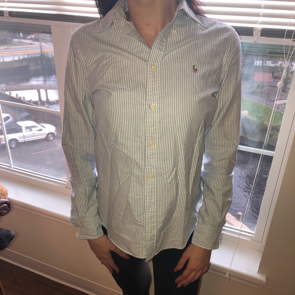 Striped, button-down shirt.